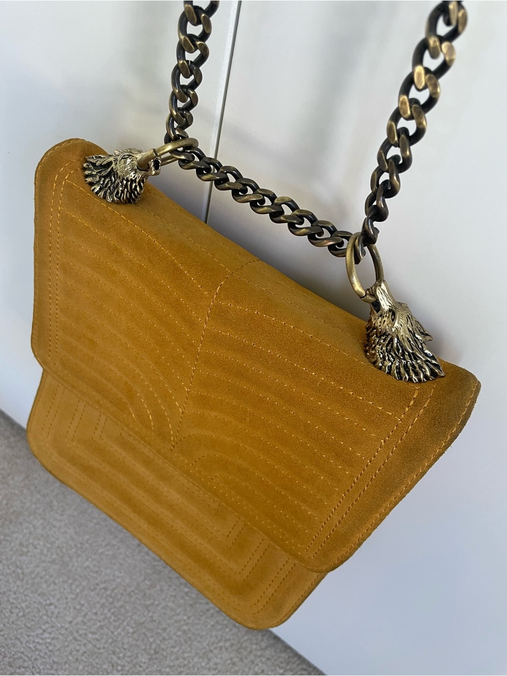 Zara Woman Genuine Suede Crossbody Bag Wolf Head Chain Detail Mustard Yellow